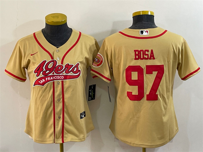 Women's San Francisco 49ers #97 Nick Bosa Gold With Patch Cool Base Stitched Baseball Jersey(Run Small) Women's San Francisco 49ers #97 Nick Bosa Gold With Patch Cool Base Stitched Baseball Jersey(Run Small)