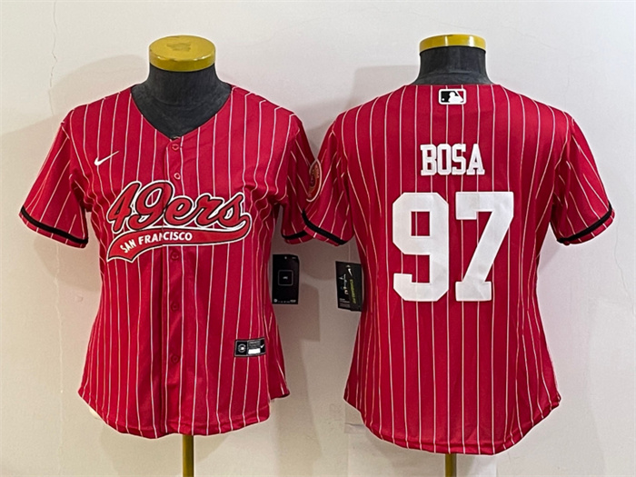 Women's San Francisco 49ers #97 Nick Bosa Red With Patch Cool Base Stitched Baseball Jersey(Run Small) Women's San Francisco 49ers #97 Nick Bosa Red With Patch Cool Base Stitched Baseball Jersey(Run Small)