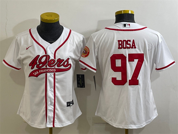 Women's San Francisco 49ers #97 Nick Bosa White With Patch Cool Base Stitched Baseball Jersey(Run Small) Women's San Francisco 49ers #97 Nick Bosa White With Patch Cool Base Stitched Baseball Jersey(Run Small)