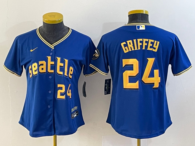 Women's Seattle Mariners #24 Ken Griffey Jr. Royal 2023 City Connect With Patch Stitched Baseball Jersey(Run Small) Women's Seattle Mariners #24 Ken Griffey Jr. Royal 2023 City Connect With Patch Stitched Baseball Jersey(Run Small)