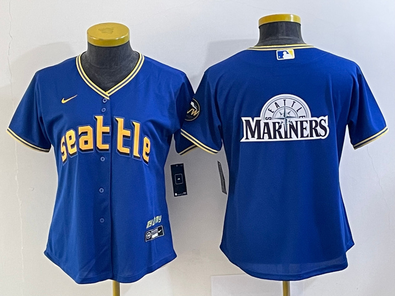 Women's Seattle Mariners Royal 2023 City Connect Team Big Logo Stitched Baseball Jersey(Run Small) Women's Seattle Mariners Royal 2023 City Connect Team Big Logo Stitched Baseball Jersey(Run Small)