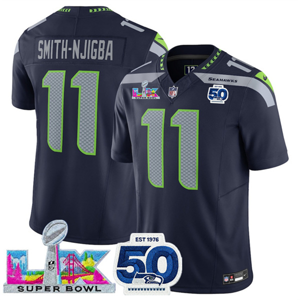 Women's Seattle Seahawks #11 Jaxon Smith-Njigba Navy 2025 F.U.S.E. Super Bowl LX Patch And 50th Season Patch Vapor Limited Stitched Football Jersey(Run Small)
