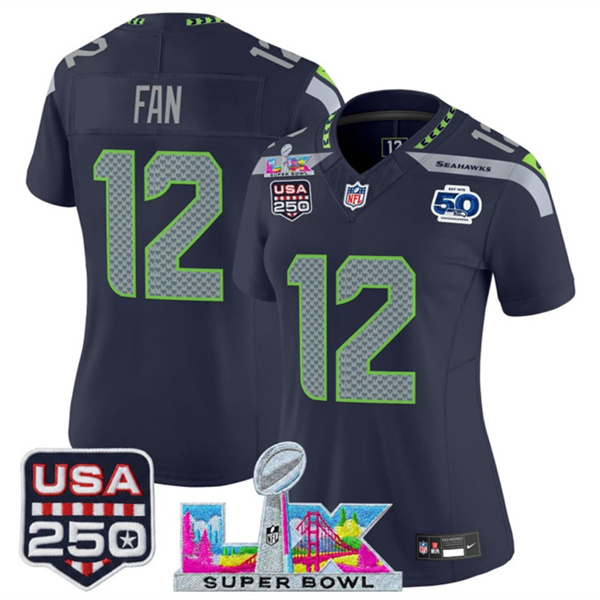 Women's Seattle Seahawks #12 Fan Navy 2025 F.U.S.E. Super Bowl LX Patch And 50th Season & USA 250' Patch Vapor Limited Football Stitched Jersey(Run Small)