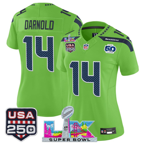 Women's Seattle Seahawks #14 Sam Darnold Green 2025 F.U.S.E. Super Bowl LX Patch And 50th Season & USA 250' Patch Vapor Limited Football Stitched Jersey(Run Small)