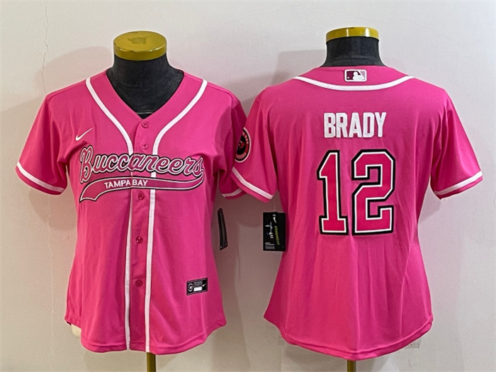 Women's Tampa Bay Buccaneers #12 Tom Brady Pink With Patch Cool Base Stitched Baseball Jersey(Run Small) Women's Tampa Bay Buccaneers #12 Tom Brady Pink With Patch Cool Base Stitched Baseball Jersey(Run Small)