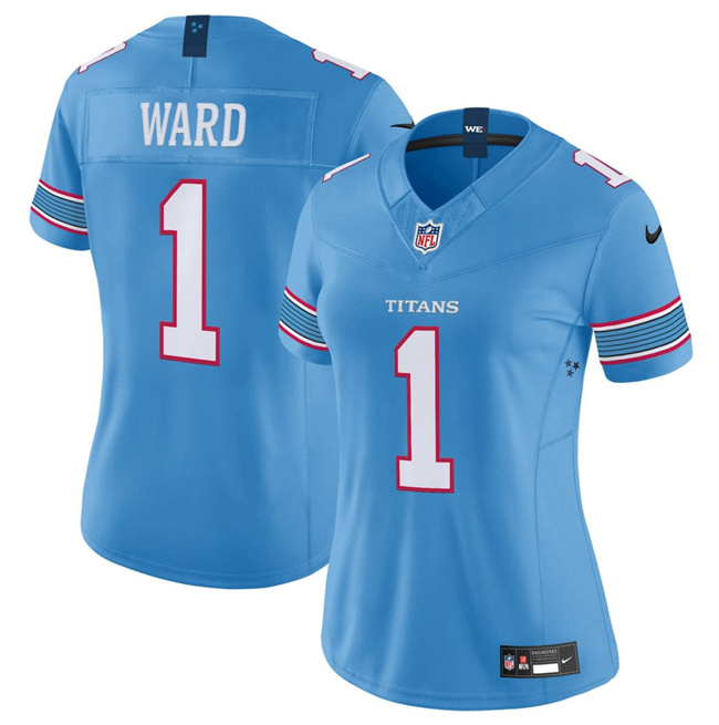 Women's Tennessee Titans #1 Cameron Ward Light Blue 2026 F.U.S.E. Vapor Limited Stitched Football Jersey(Run Small) Women's Tennessee Titans #1 Cameron Ward Light Blue 2026 F.U.S.E. Vapor Limited Stitched Football Jersey(Run Small)
