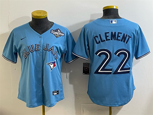 Women's Toronto Blue Jays #22 Ernie Clement Blue 2025 World Series Cool Base Stitched Baseball Jersey(Run Small) Women's Toronto Blue Jays #22 Ernie Clement Blue 2025 World Series Cool Base Stitched Baseball Jersey(Run Small)
