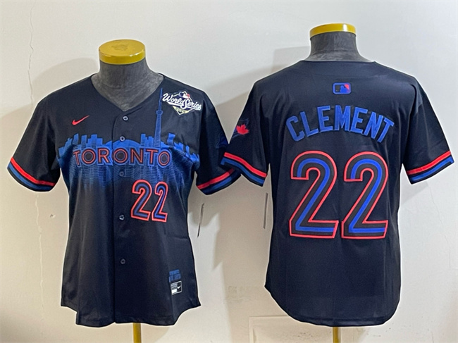 Women's Toronto Blue Jays #22 Ernie Clement Navy 2025 World Series City Connect Limited Stitched Baseball Jersey(Run Small) Women's Toronto Blue Jays #22 Ernie Clement Navy 2025 World Series City Connect Limited Stitched Baseball Jersey(Run Small)