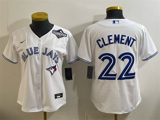 Women's Toronto Blue Jays #22 Ernie Clement White 2025 World Series Home Cool Base Stitched Baseball Jersey(Run Small) Women's Toronto Blue Jays #22 Ernie Clement White 2025 World Series Home Cool Base Stitched Baseball Jersey(Run Small)