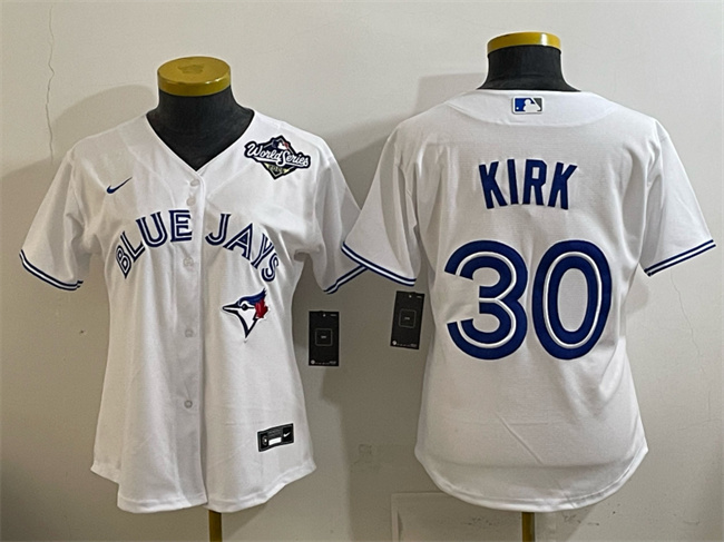 Women's Toronto Blue Jays #30 Alejandro Kirk White 2025 World Series Home Cool Base Stitched Baseball Jersey(Run Small) Women's Toronto Blue Jays #30 Alejandro Kirk White 2025 World Series Home Cool Base Stitched Baseball Jersey(Run Small)