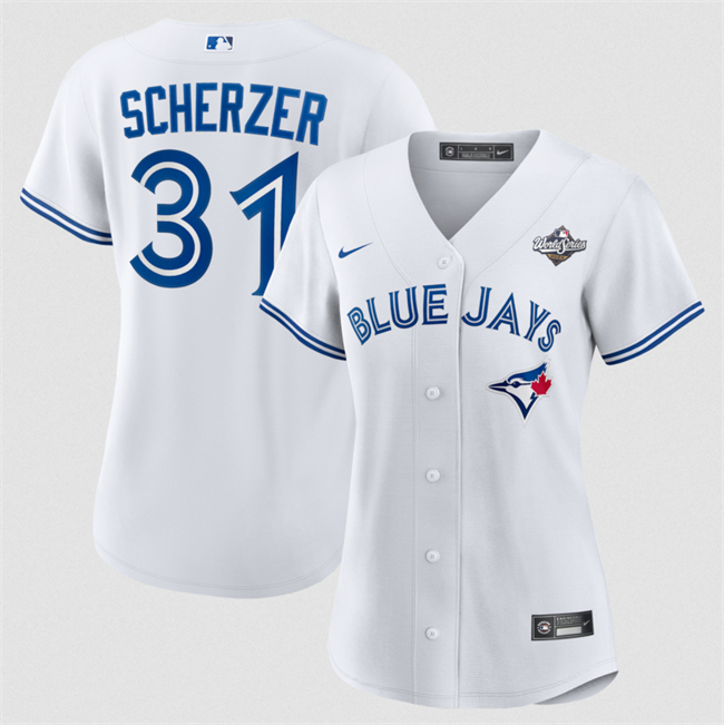 Women's Toronto Blue Jays #31 Max Scherzer White 2025 World Series Home Cool Base Stitched Baseball Jersey(Run Small) Women's Toronto Blue Jays #31 Max Scherzer White 2025 World Series Home Cool Base Stitched Baseball Jersey(Run Small)