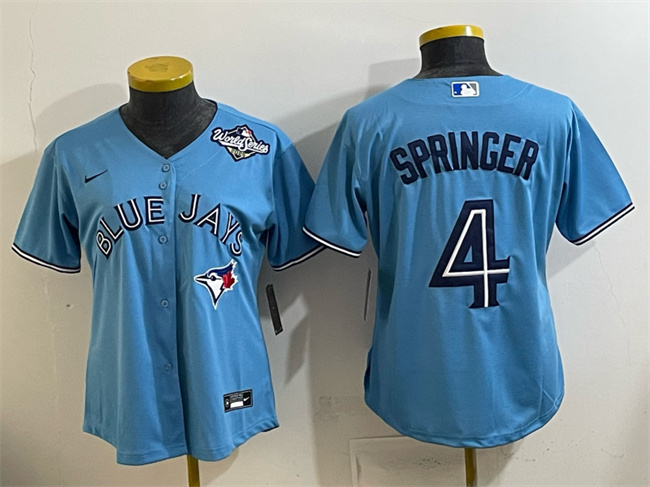 Women's Toronto Blue Jays #4 George Springer Blue 2025 World Series Cool Base Stitched Baseball Jersey(Run Small) Women's Toronto Blue Jays #4 George Springer Blue 2025 World Series Cool Base Stitched Baseball Jersey(Run Small)
