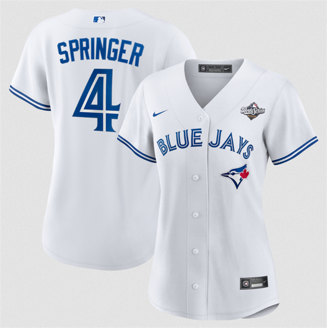 Women's Toronto Blue Jays #4 George Springer White 2025 World Series Home Cool Base Stitched Baseball Jersey(Run Small) Women's Toronto Blue Jays #4 George Springer White 2025 World Series Home Cool Base Stitched Baseball Jersey(Run Small)
