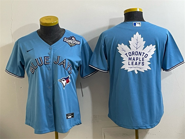Women's Toronto Blue Jays & Leafs Blue 2025 World Series With White Leafs Logo Cool Base Stitched Baseball Jersey(Run Small) Women's Toronto Blue Jays & Leafs Blue 2025 World Series With White Leafs Logo Cool Base Stitched Baseball Jersey(Run Small)