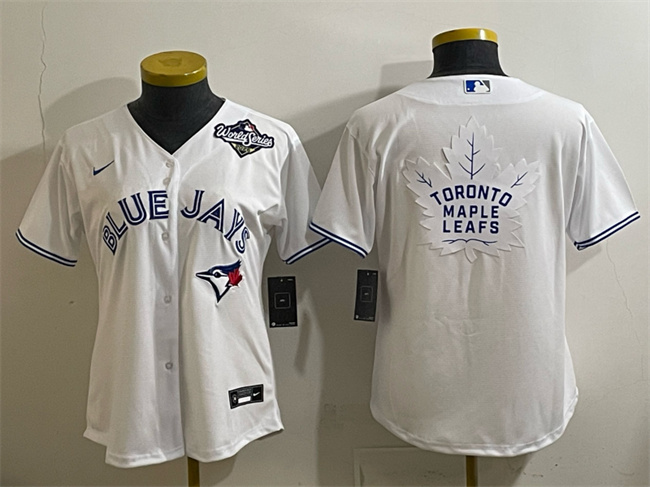 Women's Toronto Blue Jays & Leafs White 2025 World Series With White Leafs Logo Cool Base Stitched Baseball Jersey(Run Small) Women's Toronto Blue Jays & Leafs White 2025 World Series With White Leafs Logo Cool Base Stitched Baseball Jersey(Run Small)