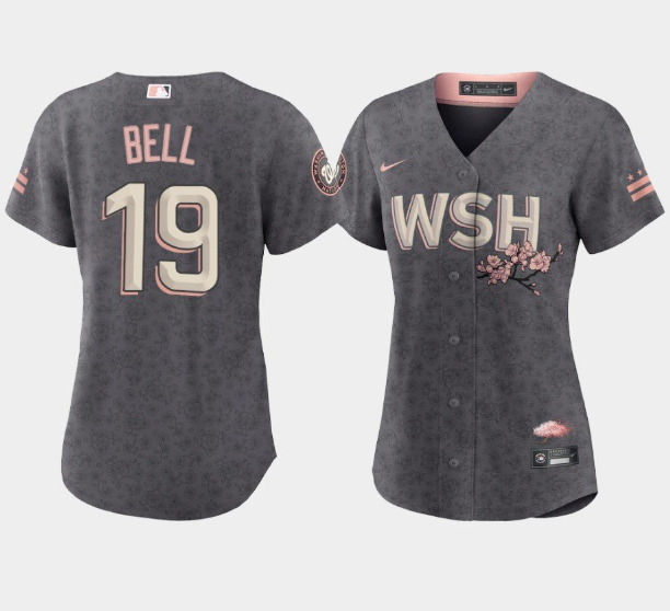 Women's Washington Nationals #19 Josh Bell 2022 Grey City Connect Cherry Blossom Stitched Jersey(Run Small) Women's Washington Nationals #19 Josh Bell 2022 Grey City Connect Cherry Blossom Stitched Jersey(Run Small)