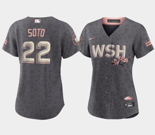 Women's Washington Nationals #22 Juan Soto 2022 Grey City Connect Cherry Blossom Stitched Jersey(Run Small) Women's Washington Nationals #22 Juan Soto 2022 Grey City Connect Cherry Blossom Stitched Jersey(Run Small)