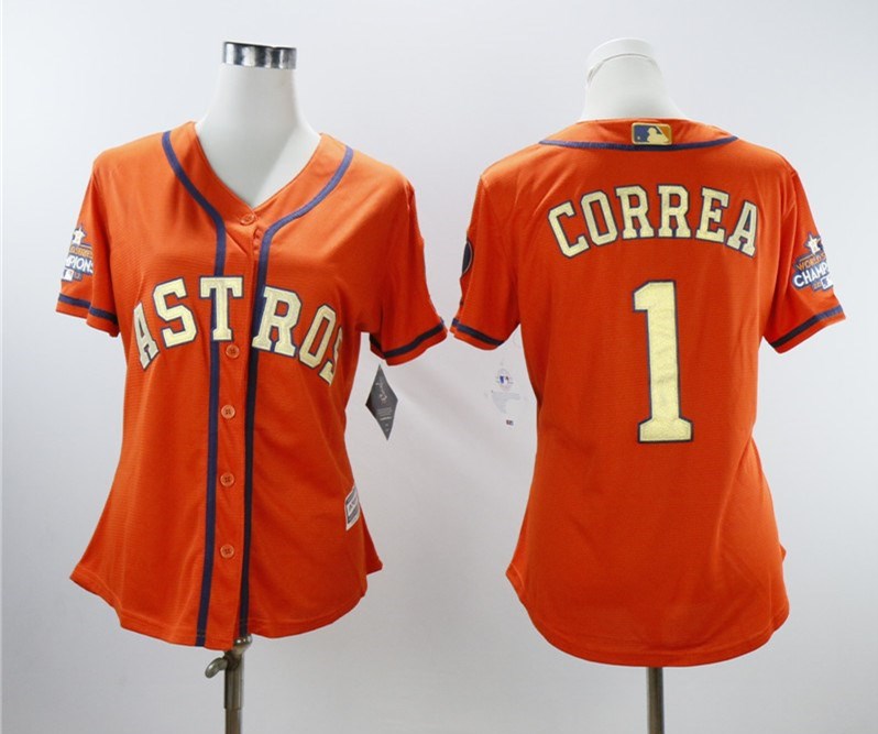 Women Astros 1 Carlos Correa Orange Women 2018 Gold Program Cool Base Jersey