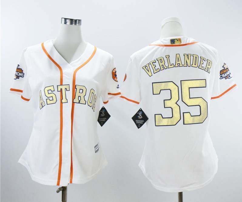 Women Astros 35 Justin Verlander White Women 2018 Gold Program Cool Base Jersey