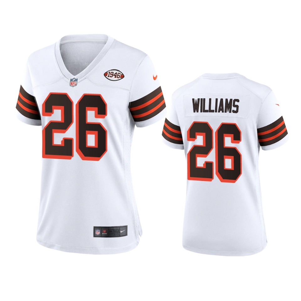 Women Browns #26 Greedy Williams Nike 1946 Collection Alternate Game Limited NFL Jersey - White Women Browns #26 Greedy Williams Nike 1946 Collection Alternate Game Limited NFL Jersey - White