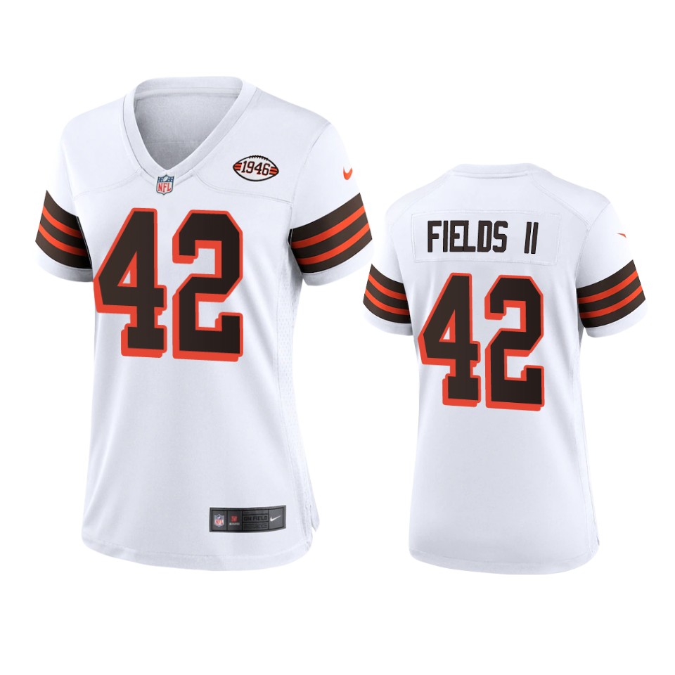 Women Browns #42 Tony Fields II Nike 1946 Collection Alternate Game Limited NFL Jersey - White Women Browns #42 Tony Fields II Nike 1946 Collection Alternate Game Limited NFL Jersey - White
