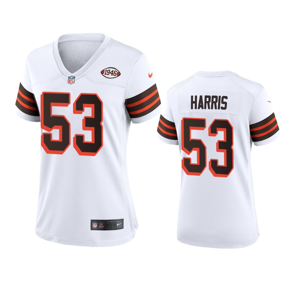 Women Browns #53 Nick Harris Nike 1946 Collection Alternate Game Limited NFL Jersey - White Women Browns #53 Nick Harris Nike 1946 Collection Alternate Game Limited NFL Jersey - White