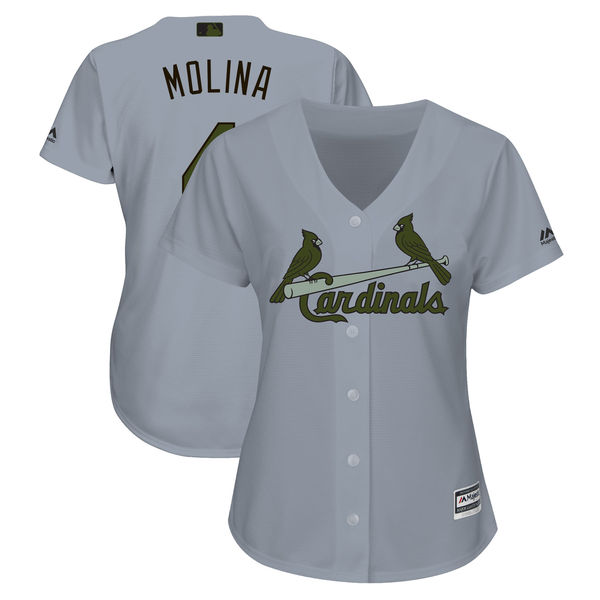 Women Cardinals 4 Yadier Molina Gray Women 2018 Memorial Day Cool Base Jersey