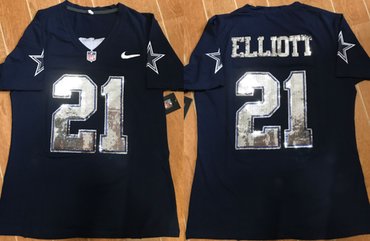 Women Dallas Cowboys #21 Ezekiel Elliott Blue(Handwork Sequin lettering Fashion)