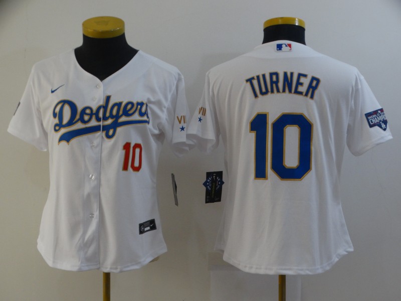 Women Dodgers 10 Justin Turner White Women Nike 2021 Gold Program Cool Base Jersey