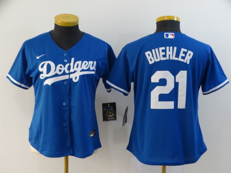 Women Dodgers 21 Walker Buehler Royal Women 2020 Nike Cool Base Jersey