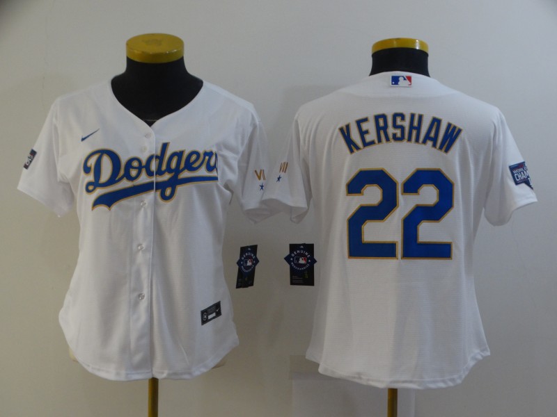 Women Dodgers 22 Clayton Kershaw White Women Nike 2021 Gold Program Cool Base Jersey