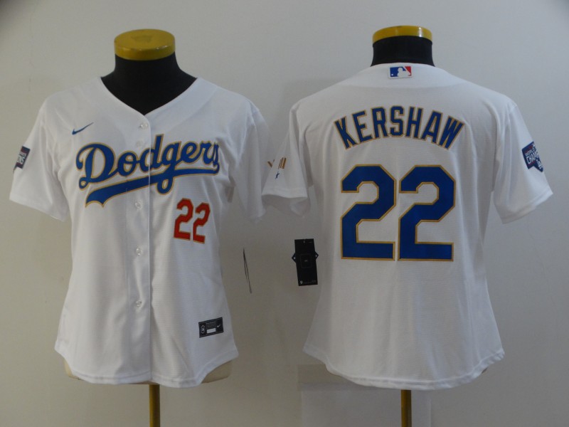 Women Dodgers 22 Clayton Kershaw White Women Nike 2021 Gold Program Cool Base Jersey