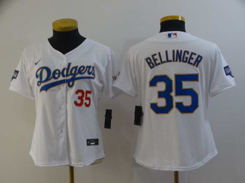 Women Dodgers 35 Cody Bellinger White Women Nike 2021 Gold Program Cool Base Jersey