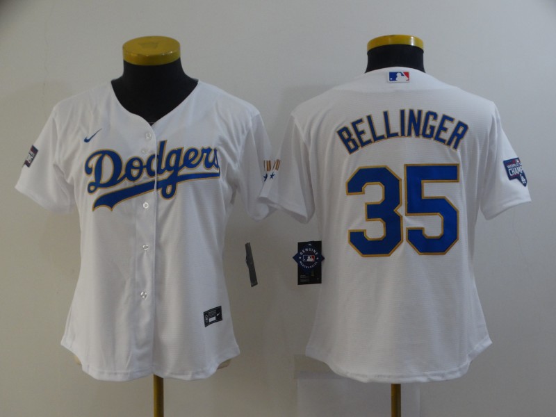 Women Dodgers 35 Cody Bellinger White Women Nike 2021 Gold Program Cool Base Jersey