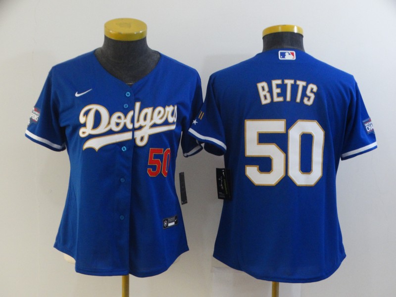 Women Dodgers 50 Mookie Betts Royal blue Women Nike 2021 Gold Program Cool Base Jersey