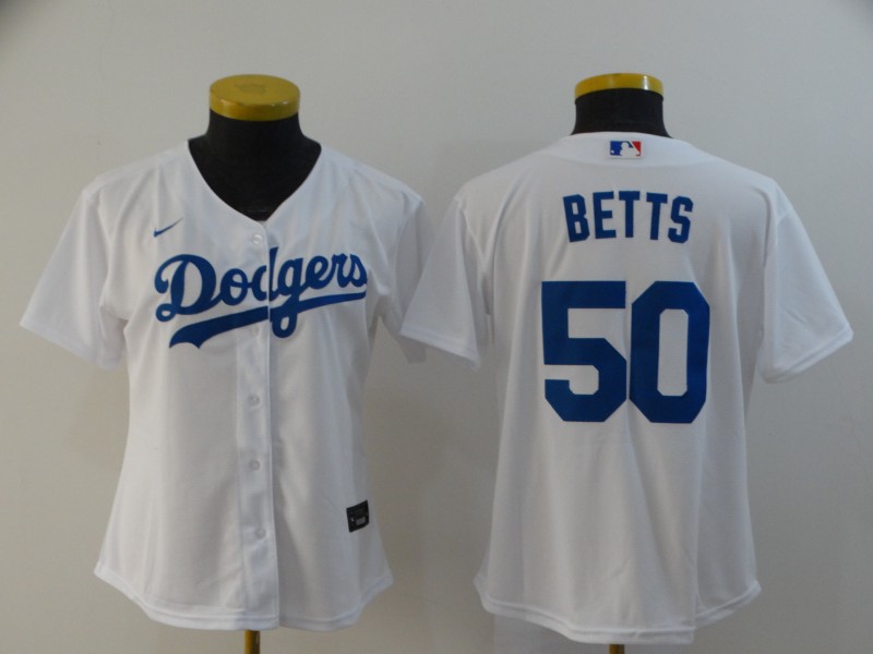 Women Dodgers 50 Mookie Betts White Women 2020 Nike Cool Base Jersey
