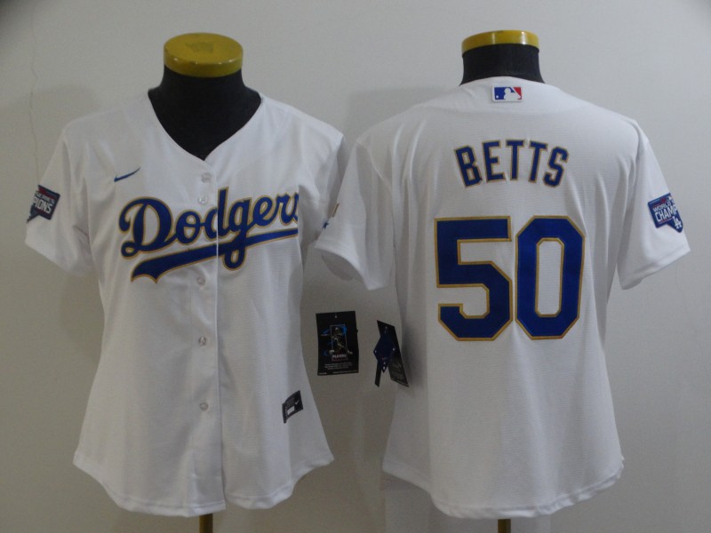 Women Dodgers 50 Mookie Betts White Women Nike 2021 Gold Program Cool Base Jersey
