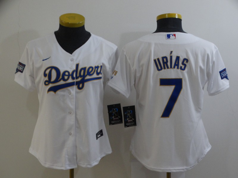 Women Dodgers 7 Julio Urias White Women Nike 2021 Gold Program Cool Base Jersey