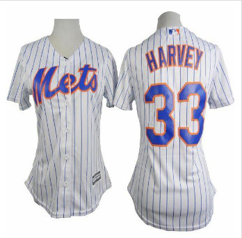 Women Mets #33 Matt Harvey White(Blue Strip) Home Stitched Baseball Jersey