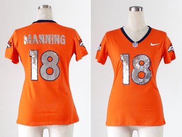 Women NEW Denver Broncos 18 Peyton Manning Orange Handwork Sequin lettering Fashion NFL Jerseys