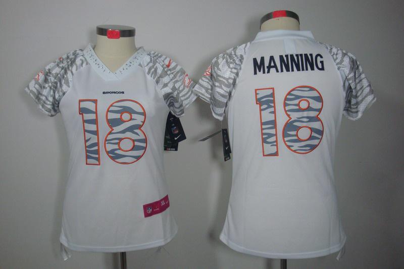 Women NEW Denver Broncos 18 Peyton Manning White Zebra Field Flirt Fashion Jerseys