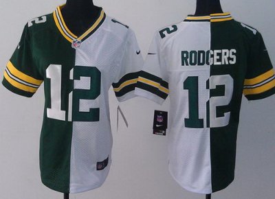 Women NEW Green Bay Packers #12 Aaron Rodgers Green White Split NFL Jerseys