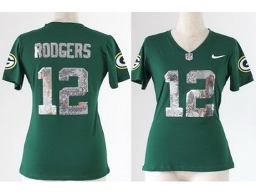 Women NEW Green Bay Packers 12 Aaron Rodgers Green Handwork Sequin lettering Fashion NFL Jerseys