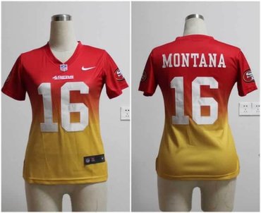 Women NEW NFL San Francisco 49ers 16 Joe Montana Red-Yellow Drift Fashion II Jerseys