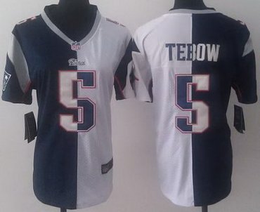 Women NEW New England Patriots 5 Tim Tebow Blue White Split NFL Jerseys