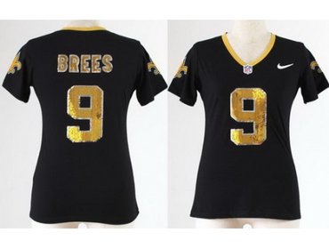 Women NEW New Orleans Saints 9 Drew Brees Black Handwork Sequin lettering Fashion NFL Jerseys
