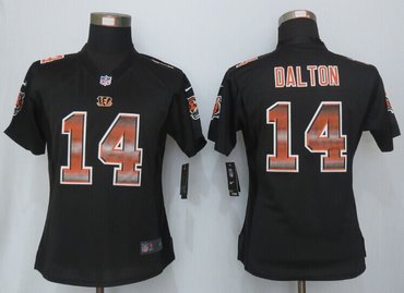Women New Bengals #14 Andy Dalton Black Strobe Elite Jersey