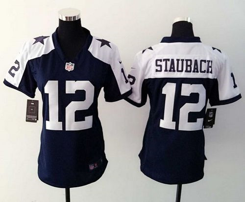 Women New Cowboys #12 Roger Staubach Navy Blue Thanksgiving Throwback Stitched NFL Elite Jersey