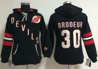 Women New Jersey Devils #30 Martin Brodeur Black Old Time Heidi NHL Hoodie
