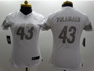 Women New Steelers #43 Troy Polamalu White Stitched NFL Limited Platinum Jersey